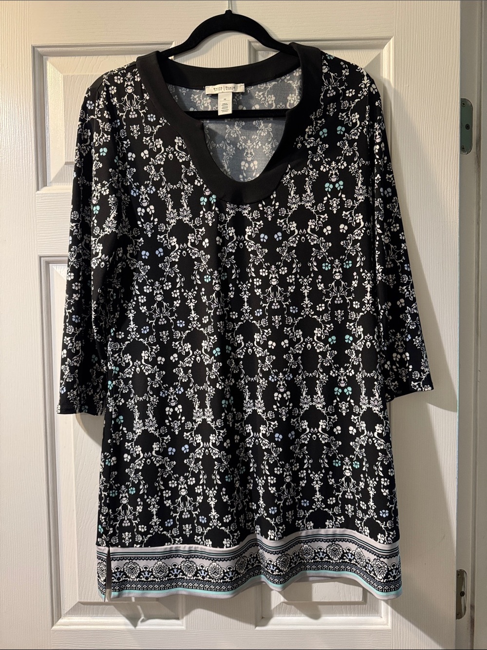 White House Black Market Black Floral Border-Print Mini Dress with Aqua Accents